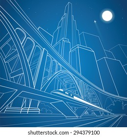 Train move on the bridge, night city and big bridge on background, vector industrial and transport illustration, vector lines landscape, night town, vector design