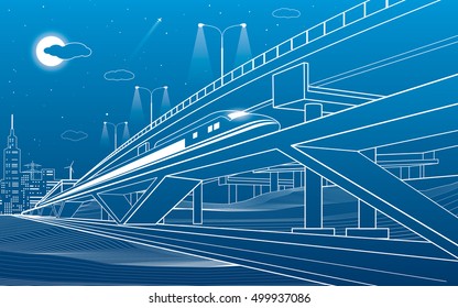 Train move on the bridge, night city and overpass, industrial and transportation illustration, white lines landscape, night town, vector design art 