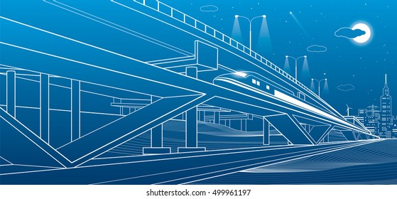 Train move on the bridge, night city and overpass, industrial and transportation illustration, white lines landscape, night town, vector design art 