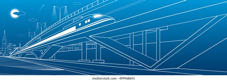Train move on the bridge, night city and overpass, industrial and transportation illustration, white lines landscape, night town, vector design art 