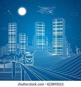 Train move on the bridge, sand dunes, mountains, desert, night city on background, infrastructure illustration, airplane fly, white lines, vector design art