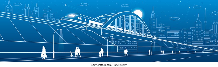 Train move on the railway bridge, highway. People walking. Urban infrastructure image, modern city on background, industrial architecture, towers and skyscrapers, airplane fly. Vector design art 