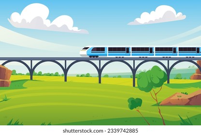 Train move on railway railroad bridge travel concept. Vector graphic design illustration