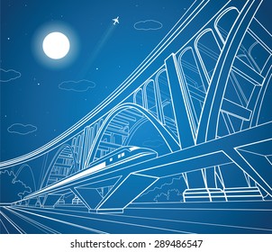 Train move on the road, dynamic composition, big bridge on background, vector industrial and transport illustration, vector lines landscape, night, vector design