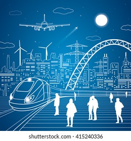 Train move, railway station, people waiting for the train, industrial and transport illustration, city infrastructure on background and big bridge, plane, vector design art