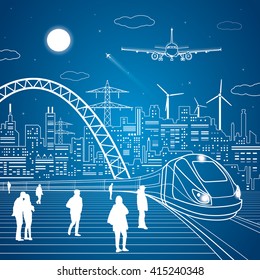 Train move, railway station, people waiting for the train, industrial and transport illustration, city infrastructure on background and big bridge, plane, vector design art