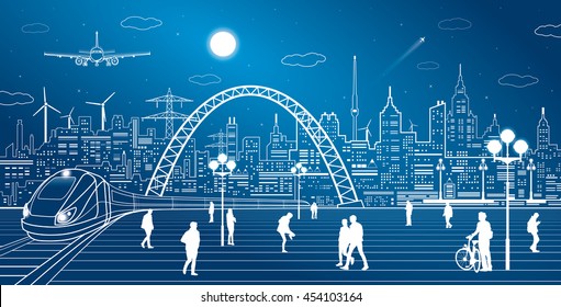 Train Move, Railway Station. Town Square, People Walk. Industrial And Transport Illustration, City Infrastructure On Background And Bridge, Airplane Fly, Vector Design Art