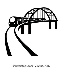 A train moves along curved tracks under a large arched bridge, symbolizing transportation and travel