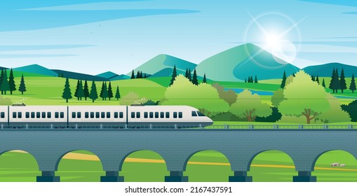 The train is moving on a track with mountains and nature in the background.