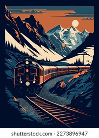 Train moving through a mountain landscape