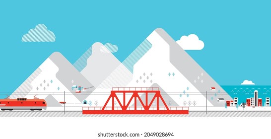 The train is moving through the mountains to the city by the sea. Vector illustration