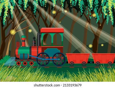 Train with natural scene illustration
