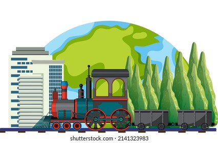 Train with natural scene illustration