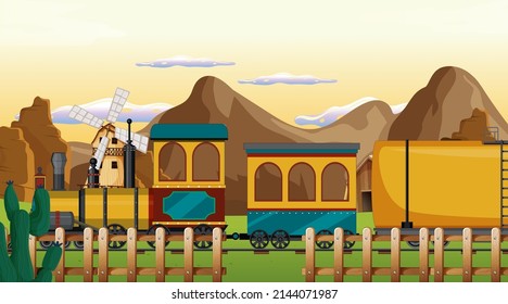 Train with natural scene illustration