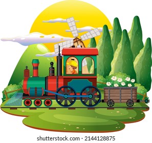 Train with natural scene illustration