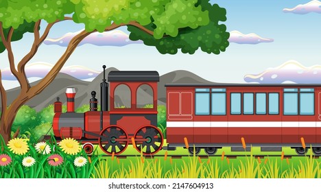 Train with natural scene illustration