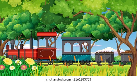 Train with natural scene illustration