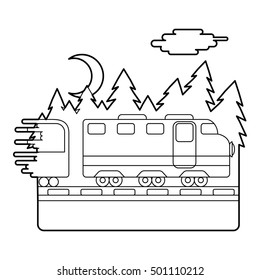 Train in night rides through forest concept. Outline illustration of train in night rides through forest vector concept for web
