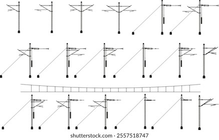 Train OHE Pole Network Set,  black and white rail poles illustration, different railway OHE electric poles vector on white background