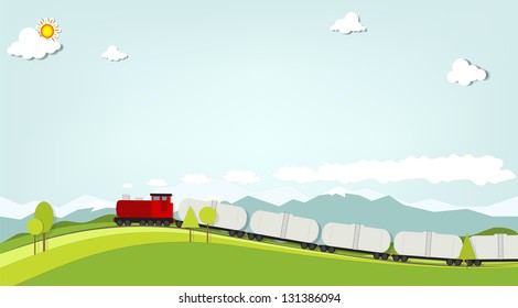 train on a background of mountains. Vector paper cut image