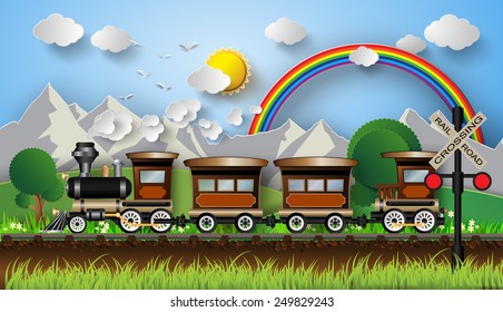 train on a background of mountains.paper art style.