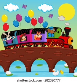 train on bridge with animals - vector illustration, eps