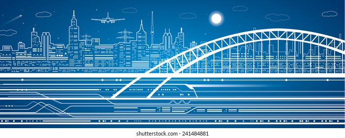 Train on the bridge, background light city, locomotive move, airplane fly, infrastructure