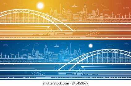 Train on the bridge, background light city, locomotive move, airplane fly, infrastructure, day and night