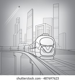 Train on a bridge. Business center, architecture, transport and urban illustration, silver city, skyscrapers and towers, vector design art