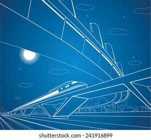 Train on the bridge, car overpass, industrial and transport composition, night city, vector design art