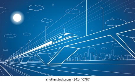 Train on the bridge, dynamic composition, industrial and transport panorama, lines landscape, night city, vector design art