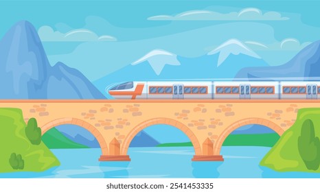 Zug auf Brücke. Schnelle moderne Elektrozüge auf Eisenbahnviadukt Bergfahrt Panorama Landschaft Lokomotive Bewegung, Eisenbahn Zug Eisenbahnfahrt Transport ordentlich Vektorgrafik