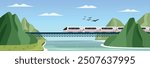 Train on the bridge illustration. Subway through the hill. Train on mountain vector art. Train on bridge over sea. Train on railway. Public transportation. Subway panorama. Tram and river view,