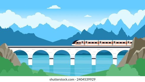 Train on bridge landscape. Electric railway in mountain, travel and adventures. Fast transportation on modern railroad, traveling decent vector background