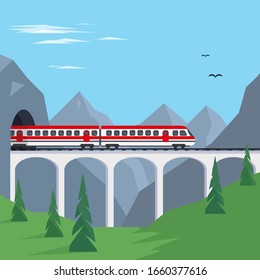 Train on bridge in mountains. Travaling by train concept or banner vector illustration.