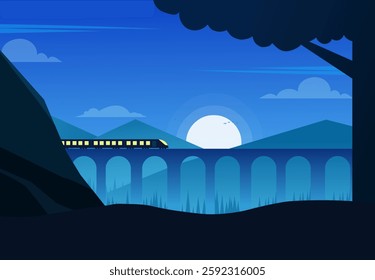 Train on Bridge Night Landscape Background Vector, Night Train Background, Moon light Landscape Illustration