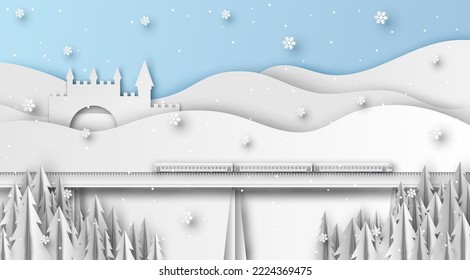 Train on bridge travel passing through a Castle on the mountain in Winter. Train with winter scenery. paper cut and craft style. vector, illustration.