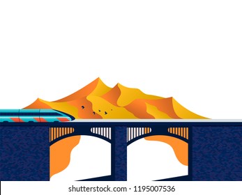 The train on the bridge. Vector graphic illustration. White isolated. Bright colors.