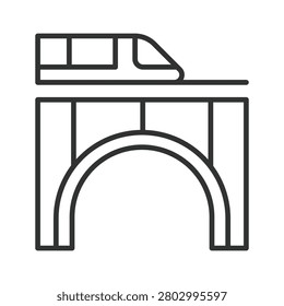 Train on a bridge or viaduct icon in line design. Railway, transportation, travel, journey, railroad, speed, modern on white background vector. Train on bridge editable stroke icon