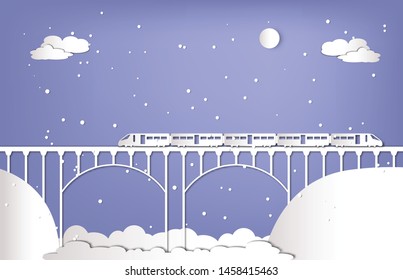 train on the bridge in winter season paper cut style