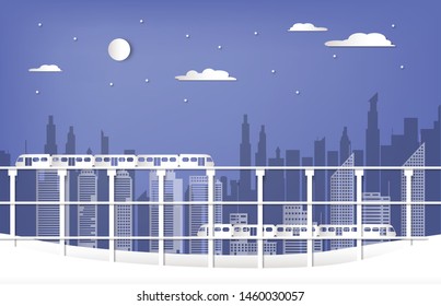 train on the bridge in winter season paper cut style