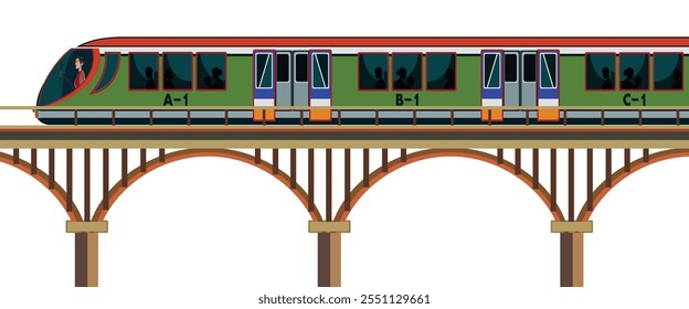 Ilustração de comboio em ponte elevada com passageiros em compartimentos- Projeto vetorial