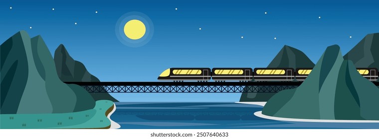 Train on the hill at night. Mountain at night. Sea view at night. Hill scenery at night. Subway through the hill. Train on the montain.