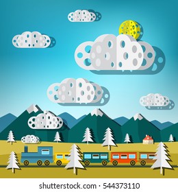 Train on Landscape. Vector Flat Design Paper Cut Nature Scene.