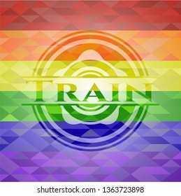 Train on mosaic background with the colors of the LGBT flag