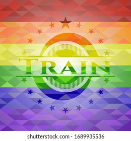 Tren sobre fondo de mosaico con los colores de la bandera LGBT