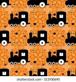 train on an orange background of beautiful seamless vector pattern
