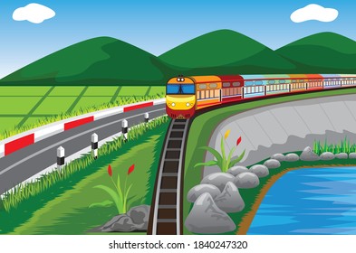 the train on paddy field at countryside vector design