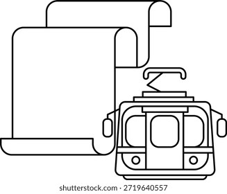 Un tren está en un pedazo de papel con un pergamino. El pergamino es blanco y tiene un borde negro