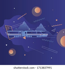 Train on a purple background, leaving the tablet, goes through the mountains, flying all sorts of elements of purple, white, orange colors